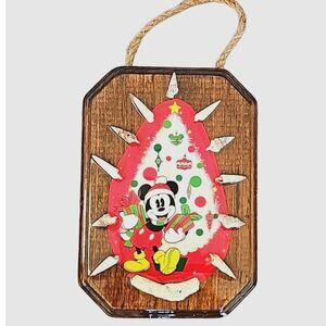 Hand Crafted Wood Placque Mickey Mouse Christmas w/Seashells 10" Tall x 7" Wide